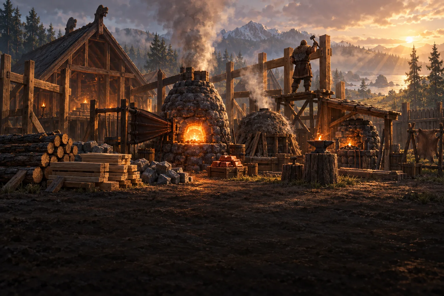 A Norse builder raising a wall beside a glowing smelter, a charcoal kiln and a forge, with logs, planks, stone and copper bars stacked in the yard