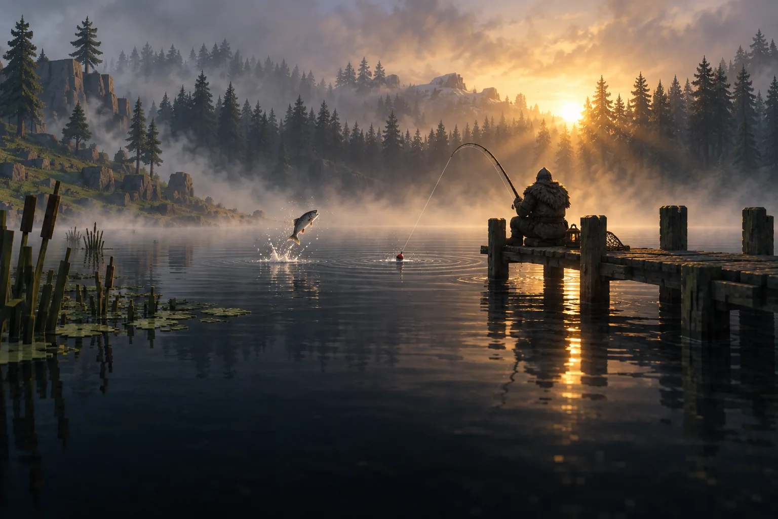A Norse angler on a wooden pier at sunrise, rod bent over a misty lake as a fish leaps beside the float