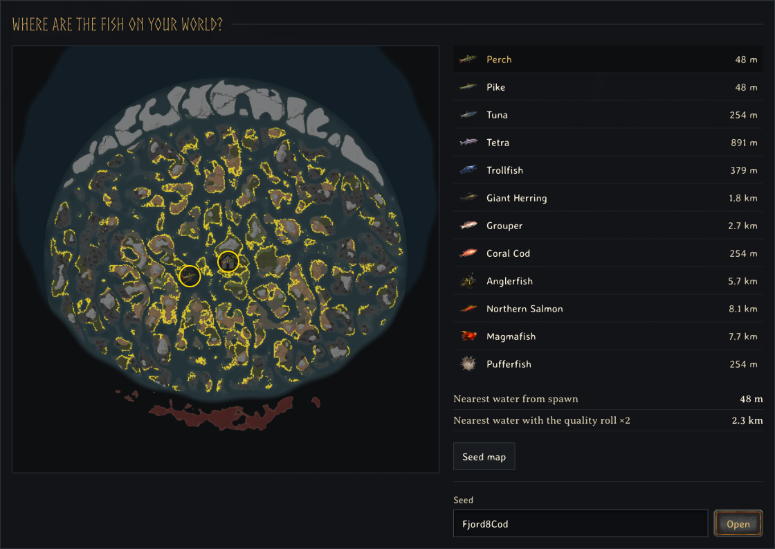 The fishing page's world panel with Perch water marked on a generated seed