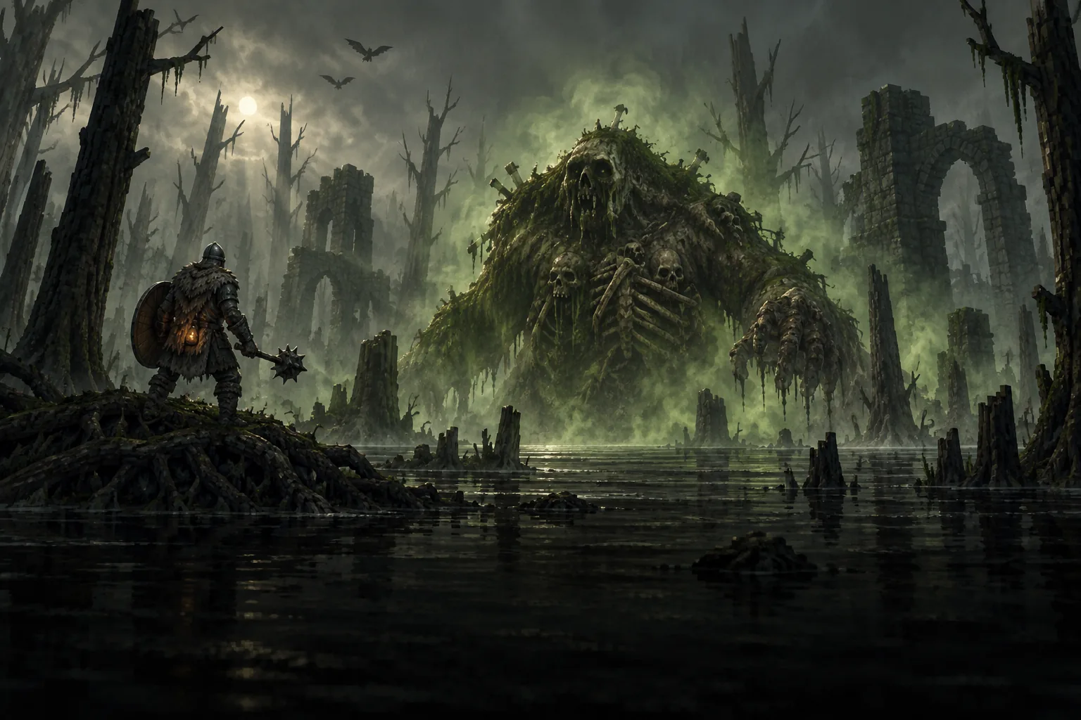 Bonemass, a heap of rotting flesh and bone, rising from swamp water as a warrior with a mace and shield faces it