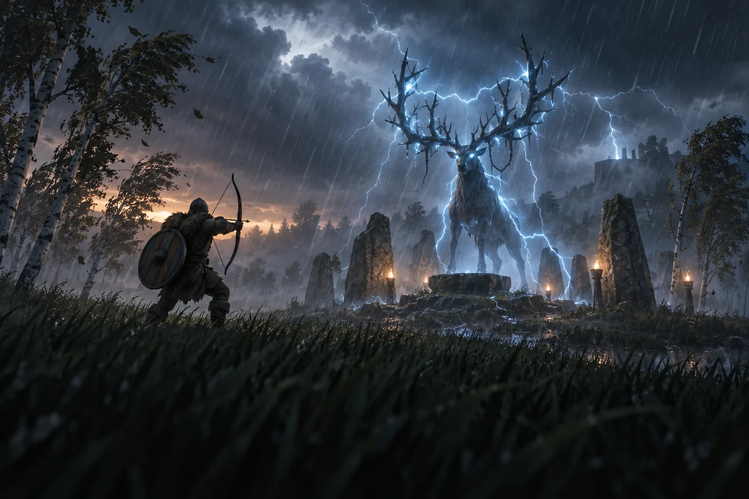 Eikthyr, a stag crackling with lightning, above his altar stones in a storm as an archer takes aim