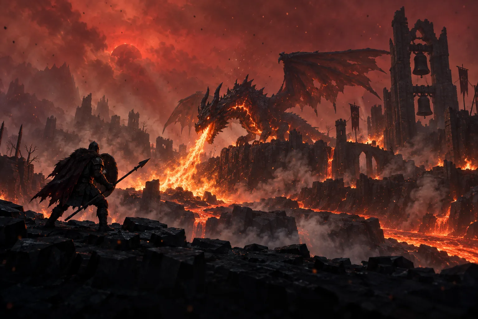 Fader, a black dragon with molten cracks, breathing fire beside a bell tower in the Ashlands as a warrior raises a shield