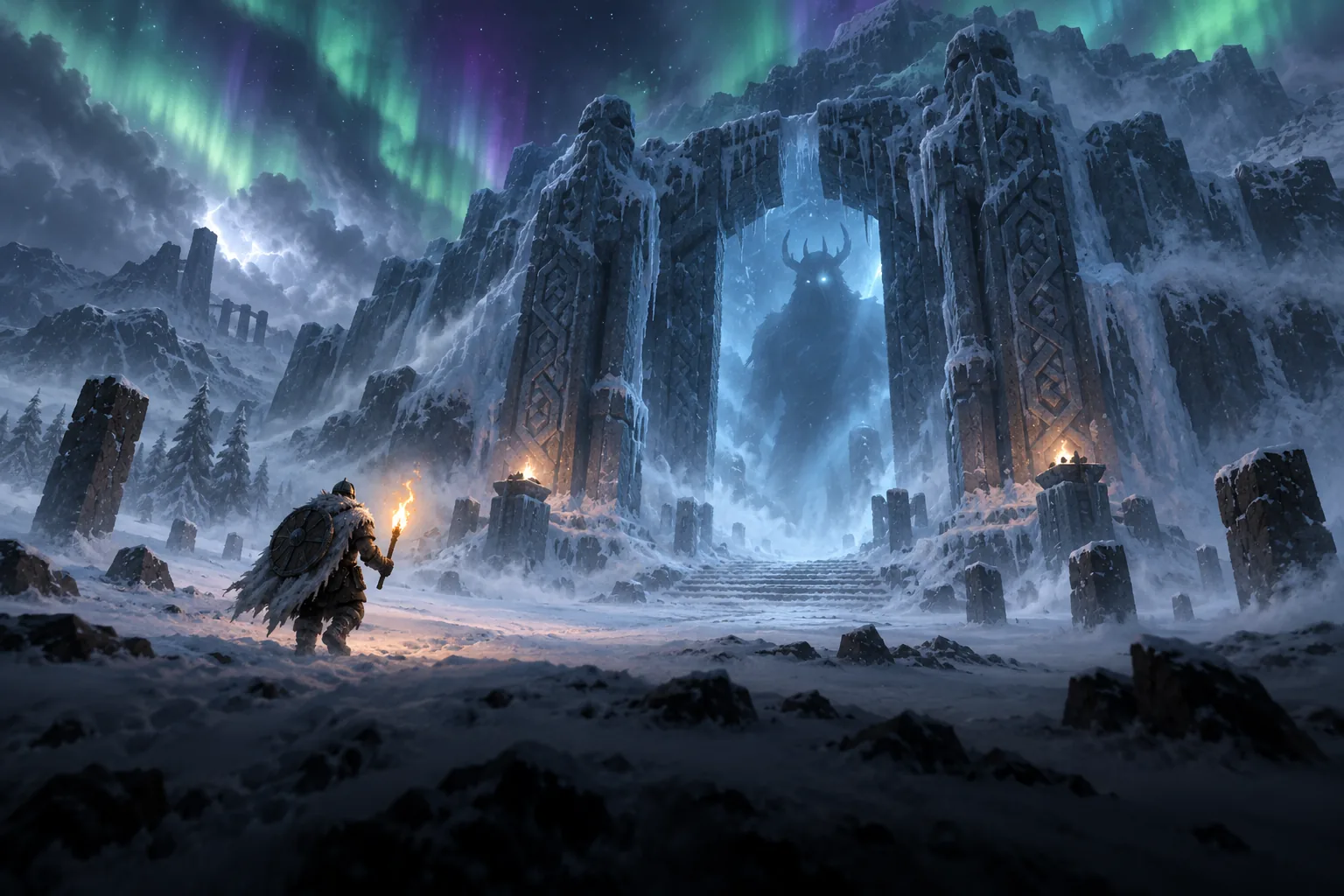 A warrior with a torch walking through a snowstorm toward the glowing gateway of the Aesir Passage, a towering shape waiting inside