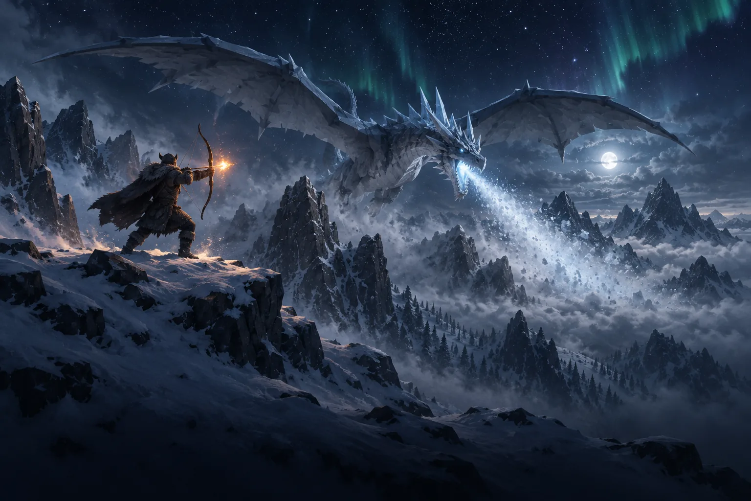Moder, a pale frost dragon, breathing frost over the Mountain peaks at night as an archer draws a fire arrow