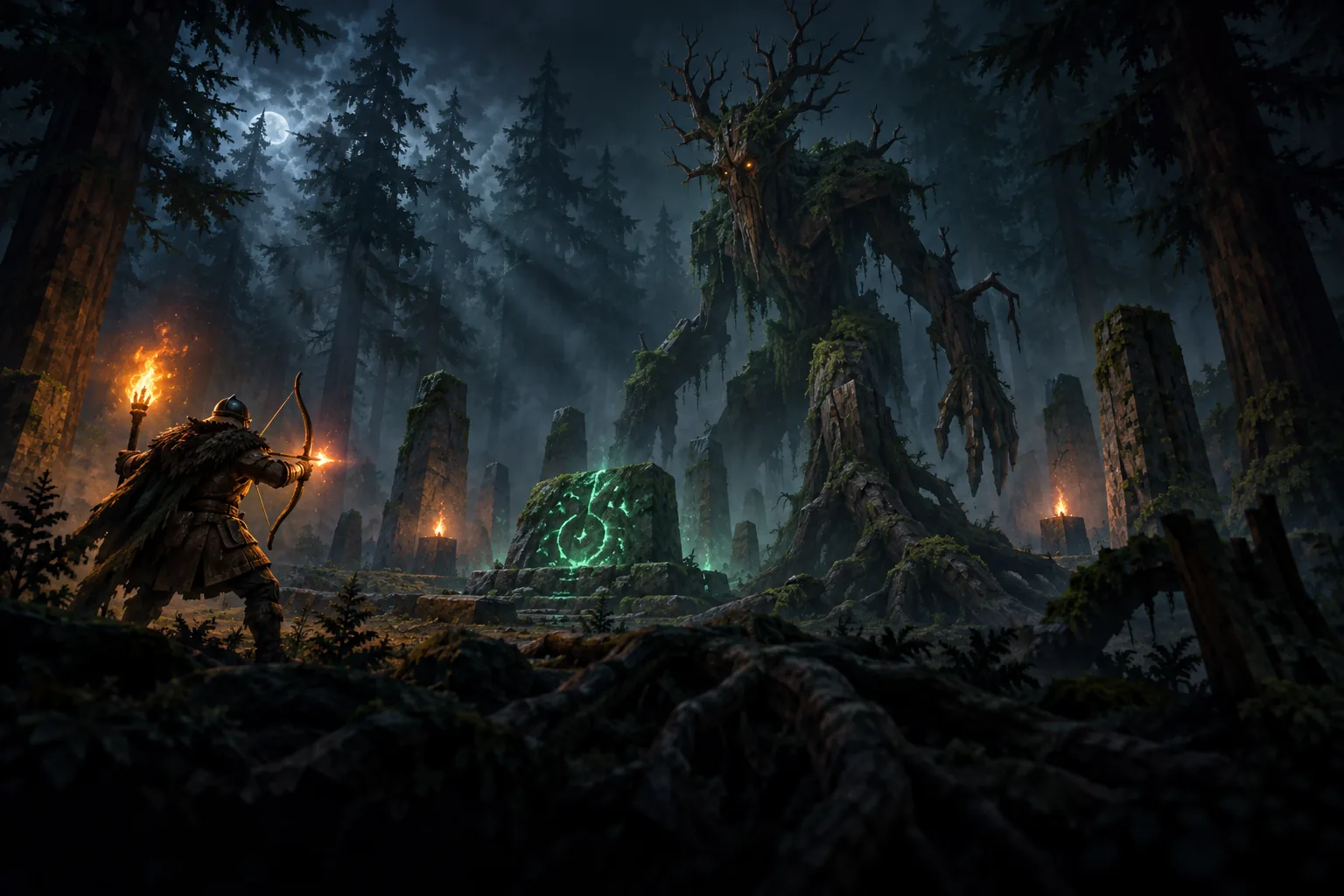 The Elder, a walking ancient tree, rising over its altar in the Black Forest as a warrior aims a fire arrow