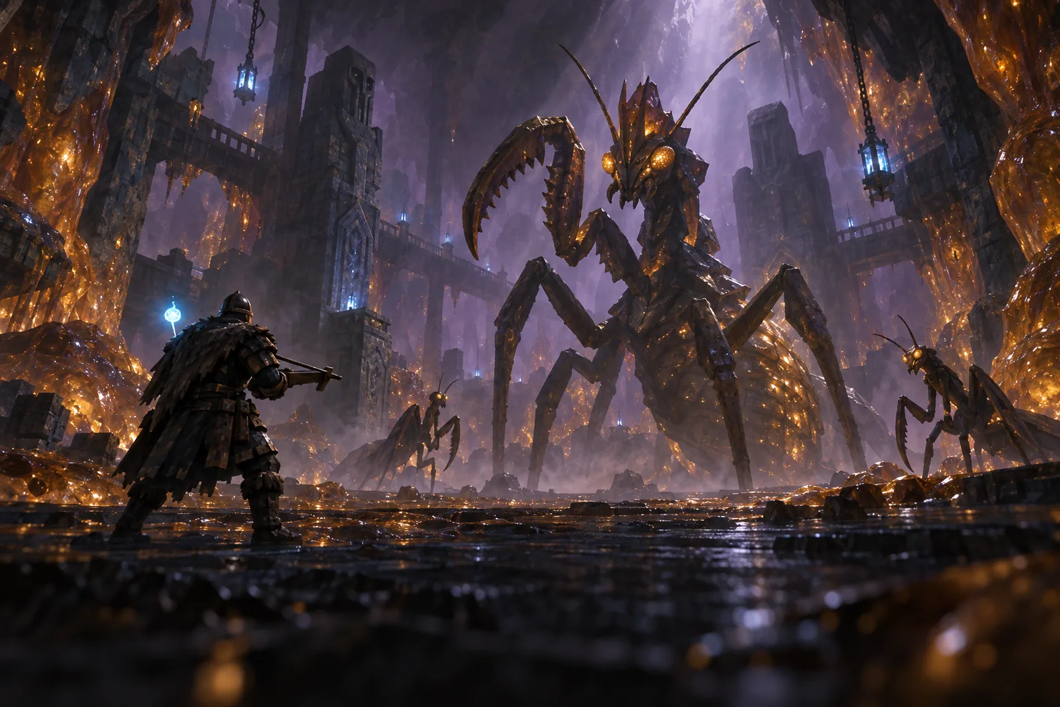The Queen, a giant insect with raised pincers, in an infested Dvergr hall glowing with amber resin as a crossbow warrior faces her