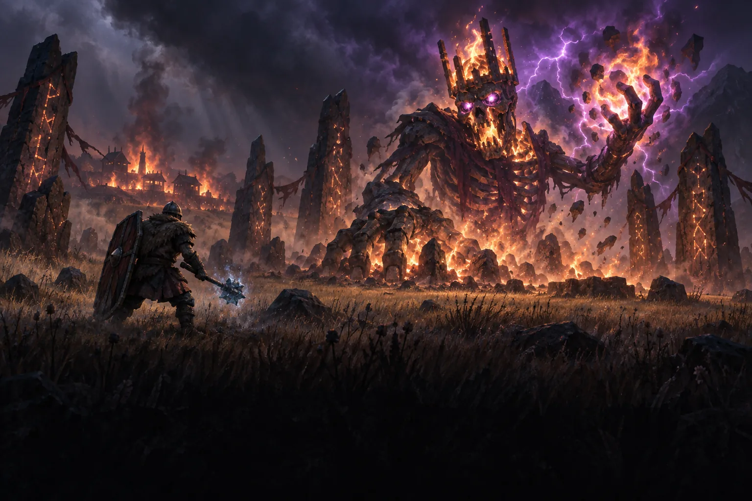 Yagluth, a burning crowned skeleton, rising among the totems of the Plains as a warrior braces behind a tower shield