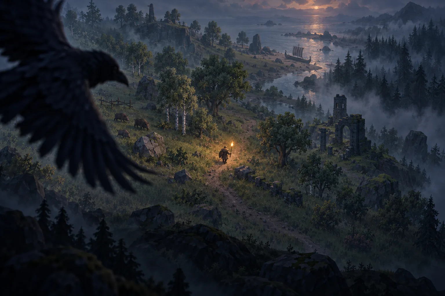A raven's view of a traveller with a torch walking a path across the Meadows at dusk