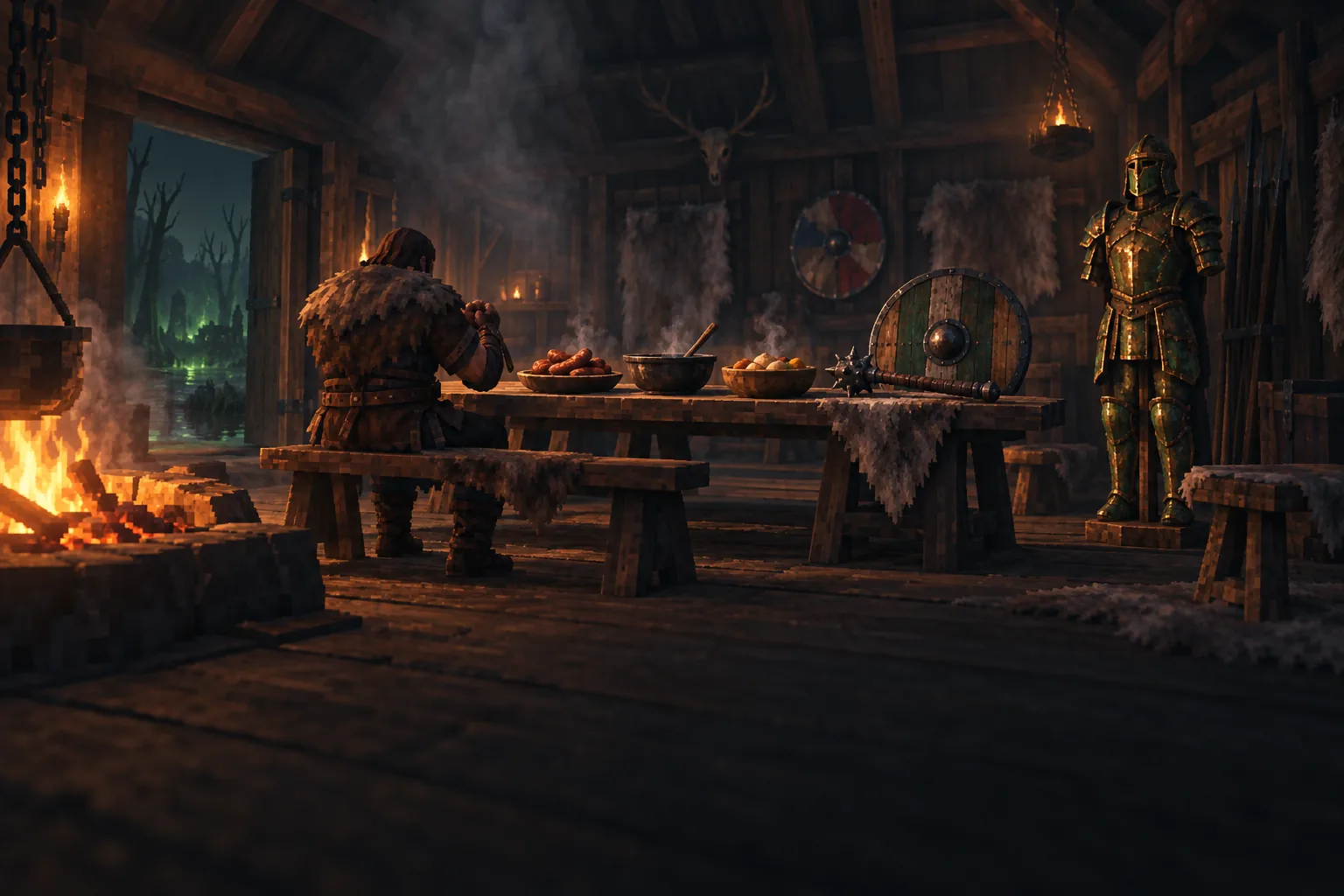 Three dishes, an iron mace and a bronze armour set by the hearth of a longhouse before a boss fight