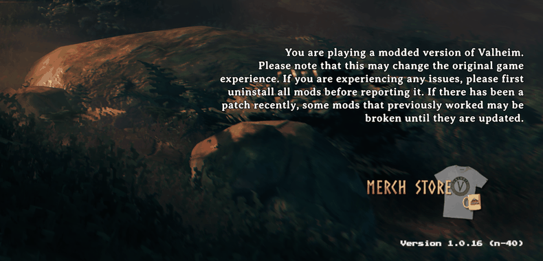 Nederste højre hjørne af Valheims hovedmenu med mods indlæst: »You are playing a modded version of Valheim« over spilversion 1.0.16