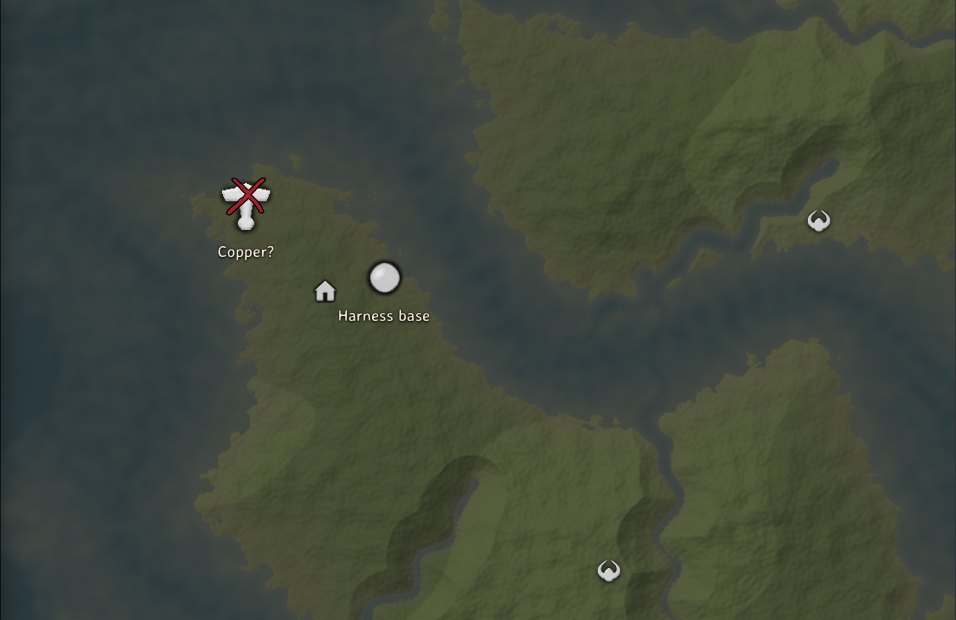 Character pins on the seed map: a base pin, the bed and a copper pin crossed off as checked