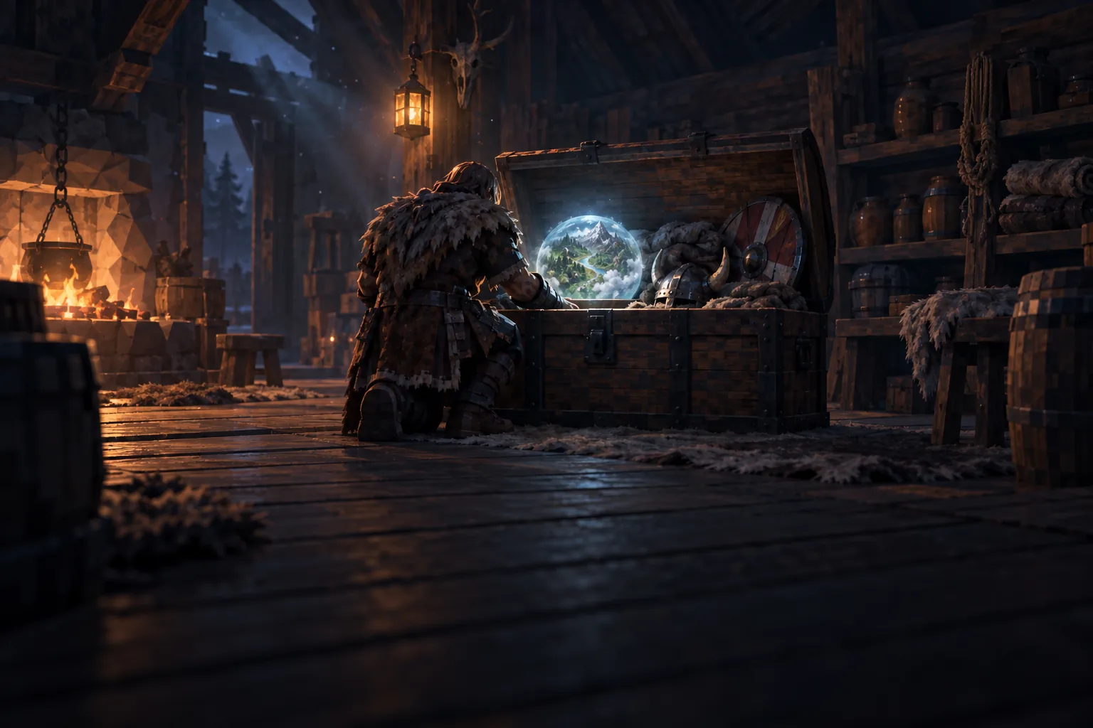 A traveller kneeling at an open chest in a longhouse storeroom that holds a glowing sphere of the world, a helmet and a shield