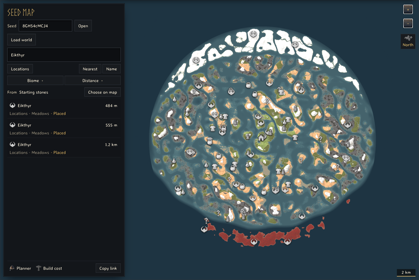 Seed map search results for Eikthyr's altars sorted by distance from the spawn point