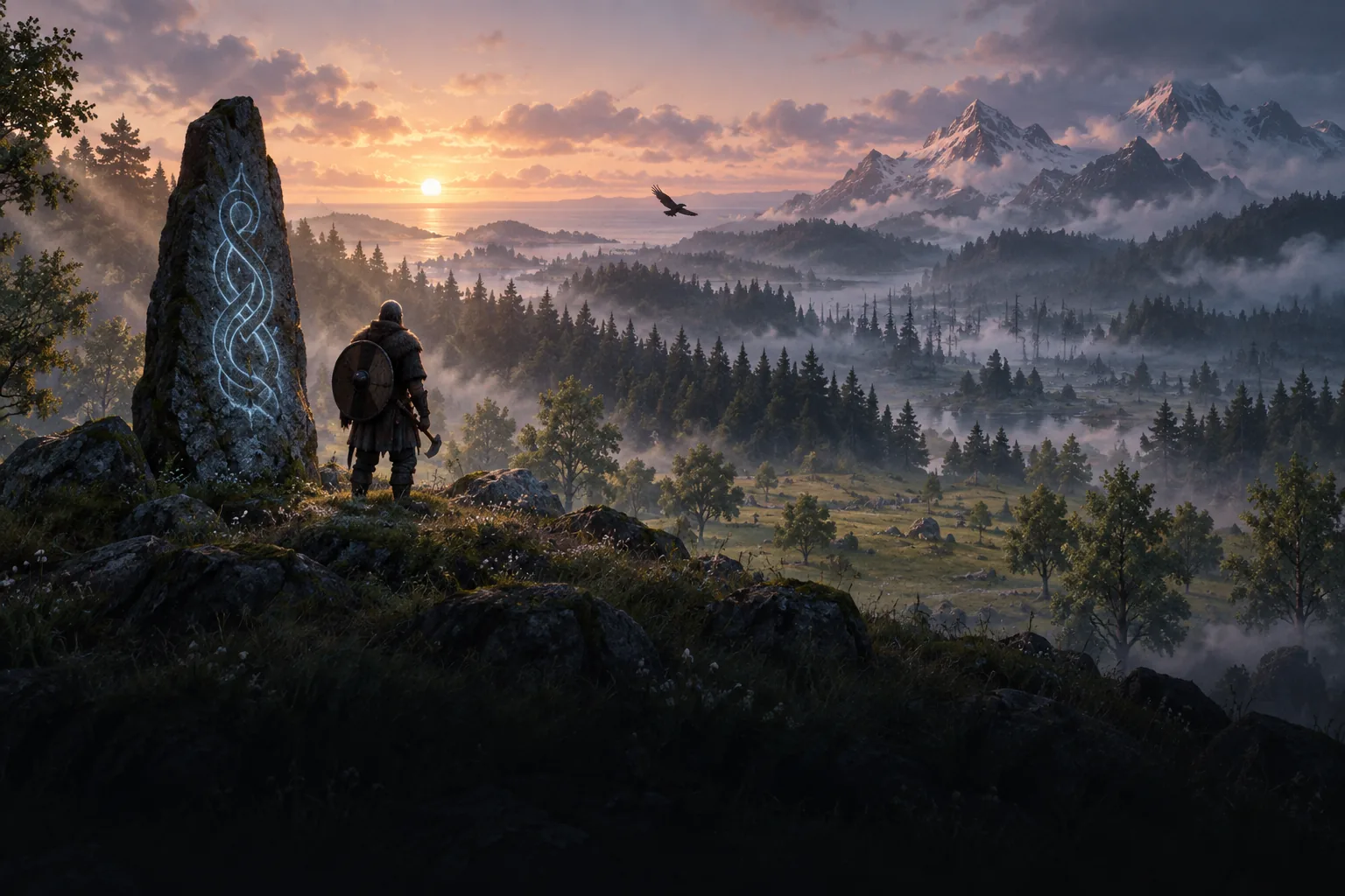 A traveller beside a glowing runestone on a Meadows hilltop at dawn, looking out over forests, swamp and mountains