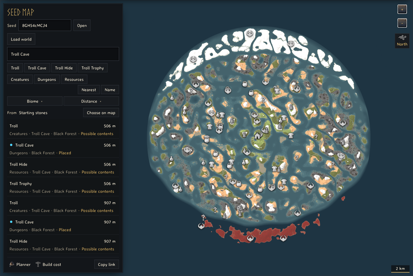 Seed map search results for Troll Caves on one world, nearest first