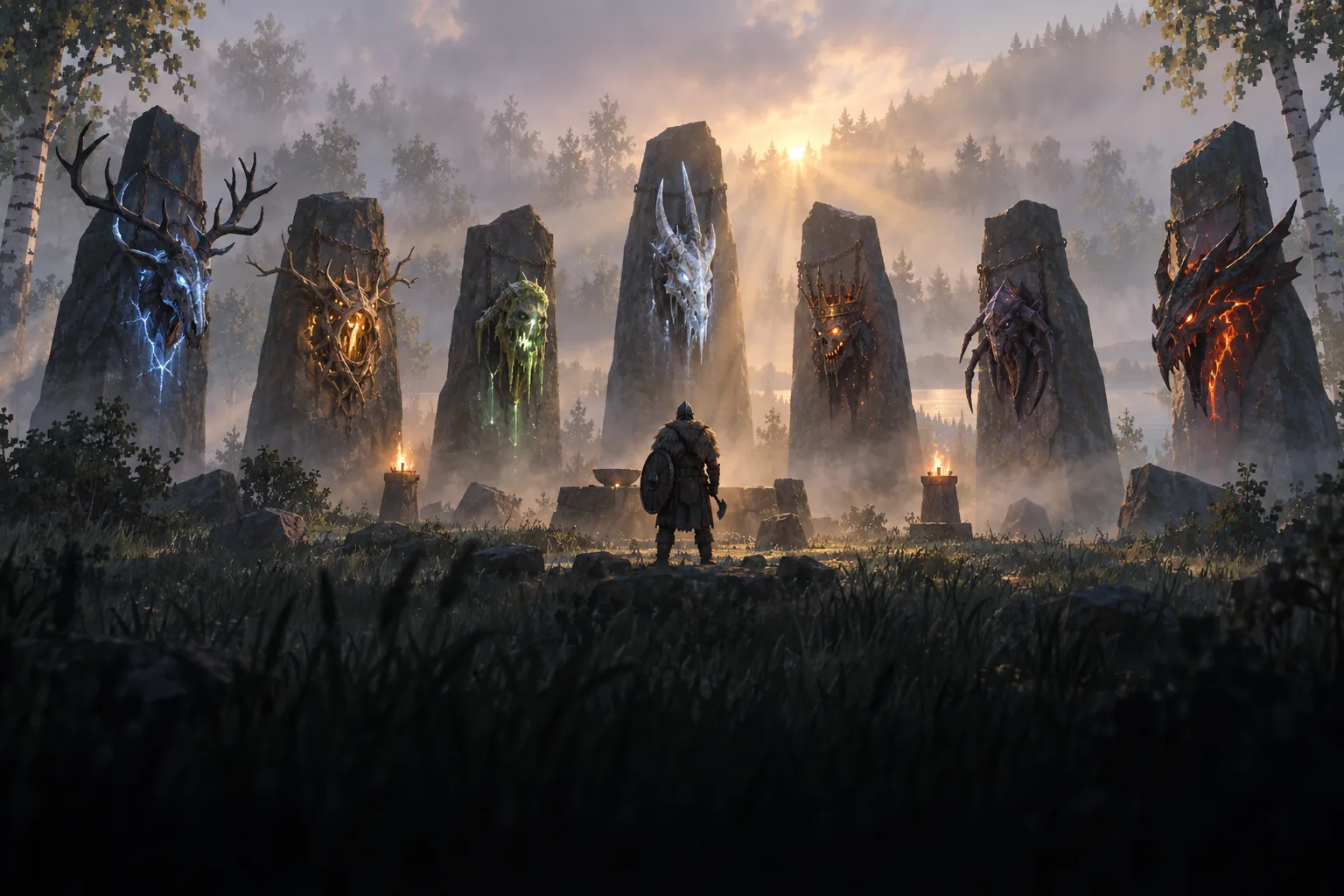 The Sacrificial Stones at dawn, each hung with a glowing boss trophy, with a traveller standing in the ring